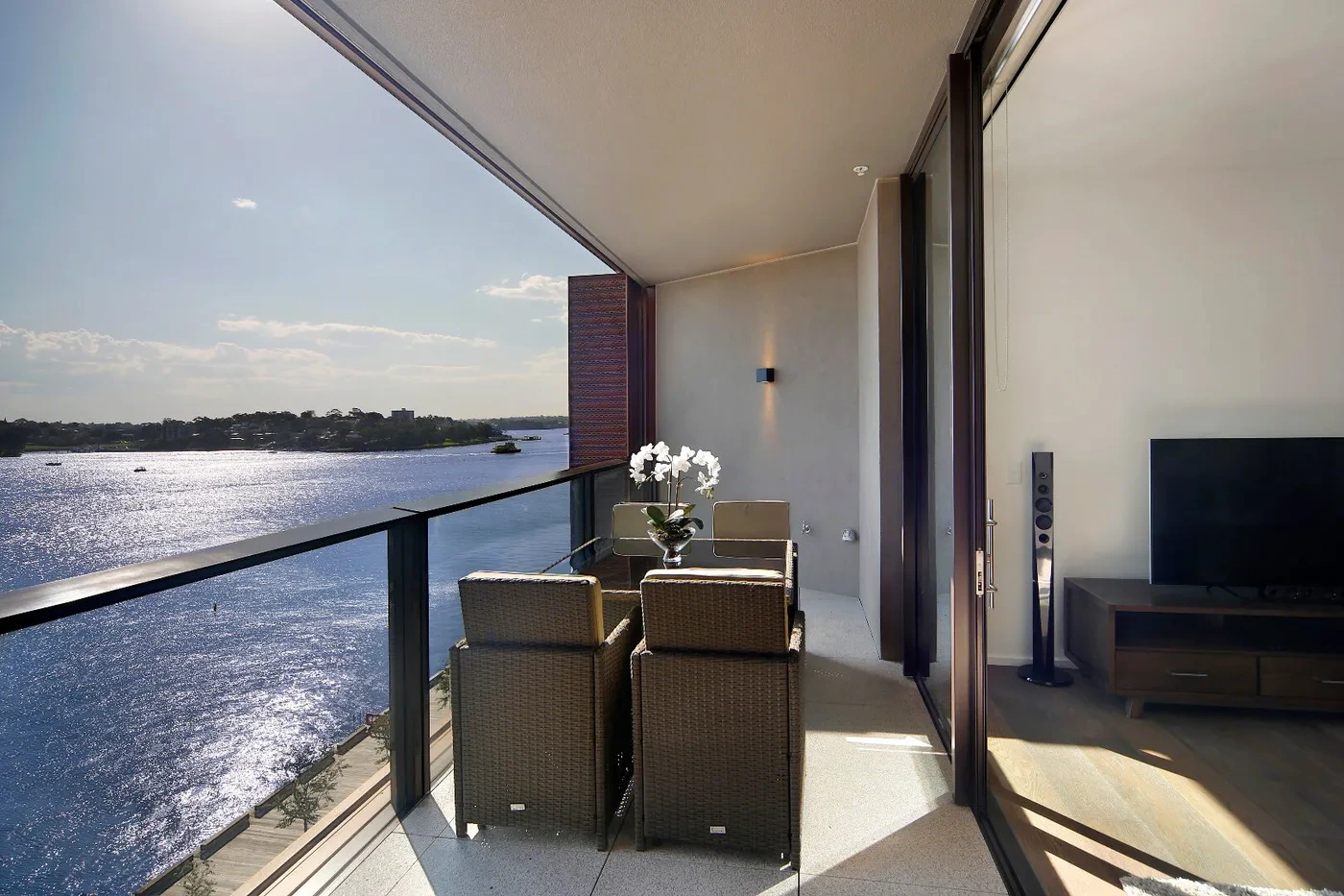 Balcony with Sydney Harbour views at a Westprecinct serviced residence in Barangaroo