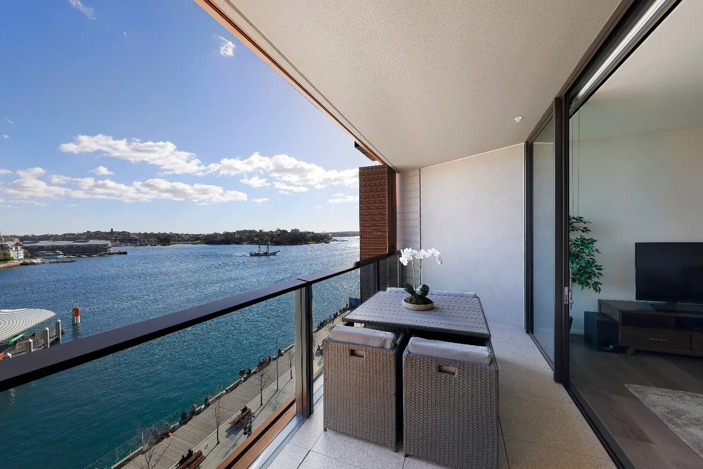 Private waterfront terrace overlooking Sydney Harbour at a Westprecinct serviced residence in Barangaroo
