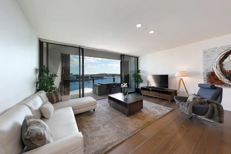 Open-plan living area with curated furnishings